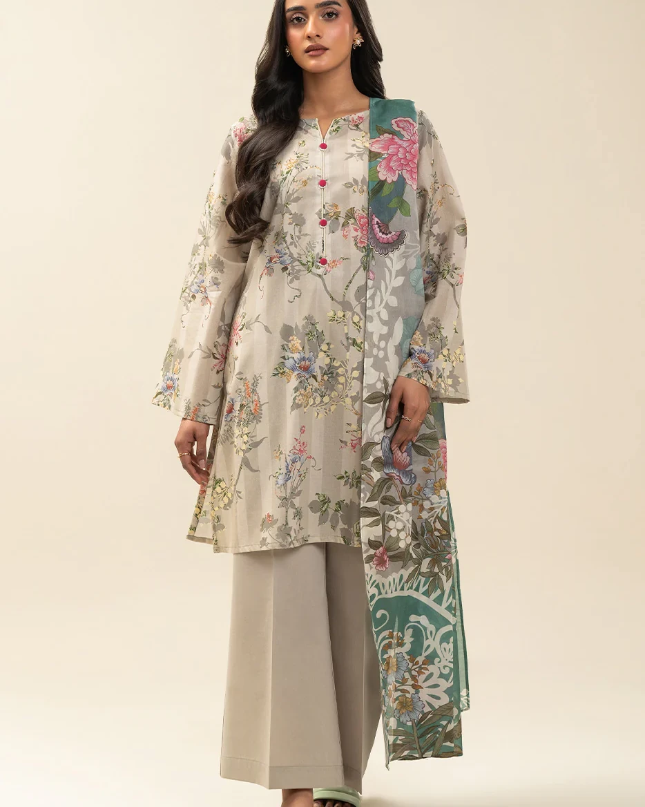 Beechtree 3 piece Unstitched Printed Lawn suit-Gray & Beige