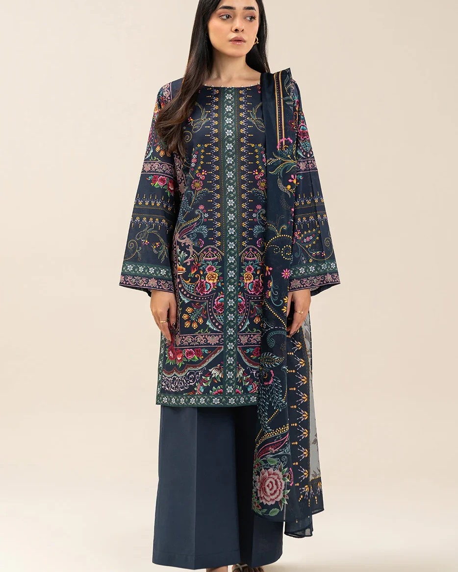 Beechtree 3 piece Unstitched Printed Lawn suit- Midnt Blue