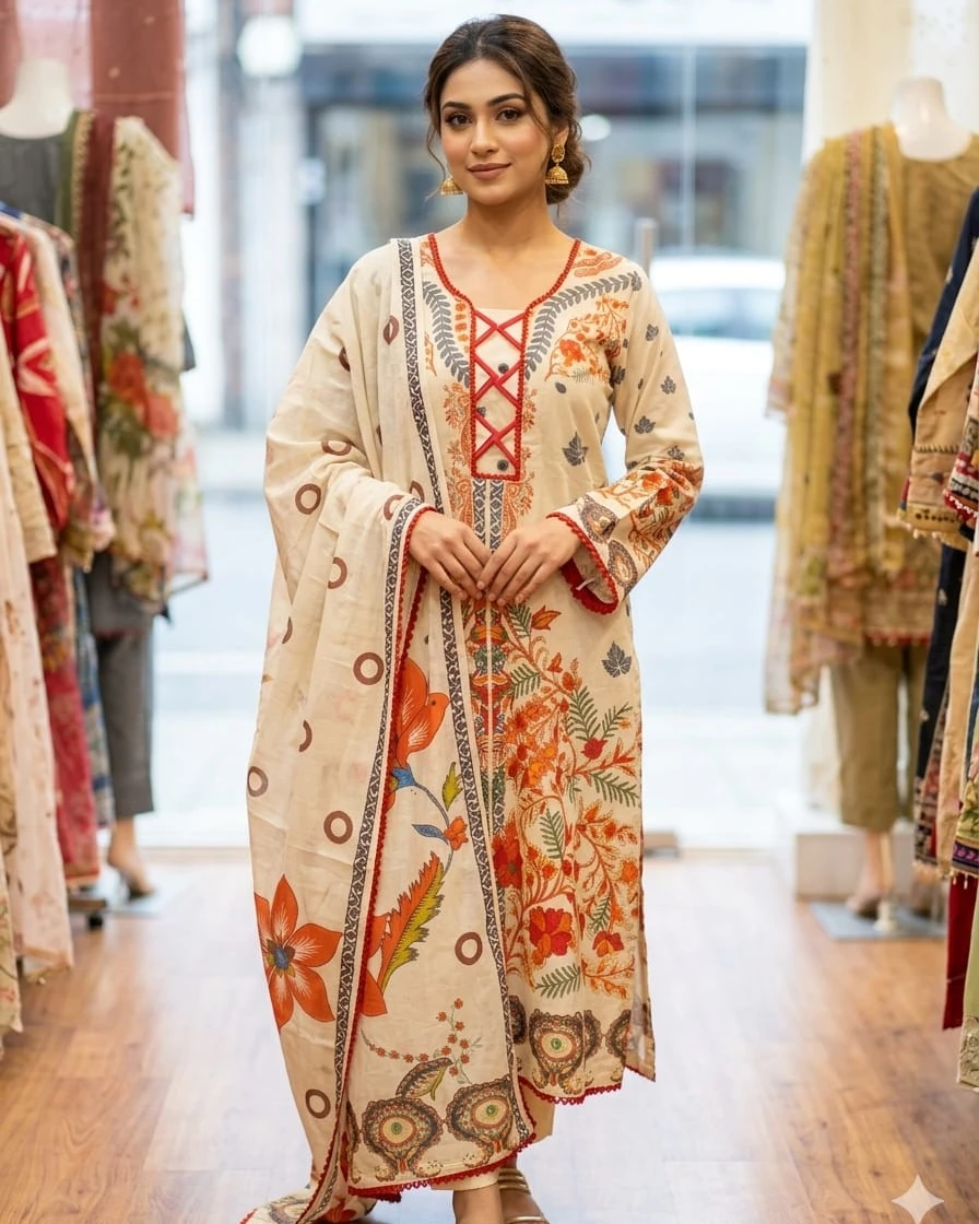 Naira Festive Beige Printed Cotton 3-Piece Suit