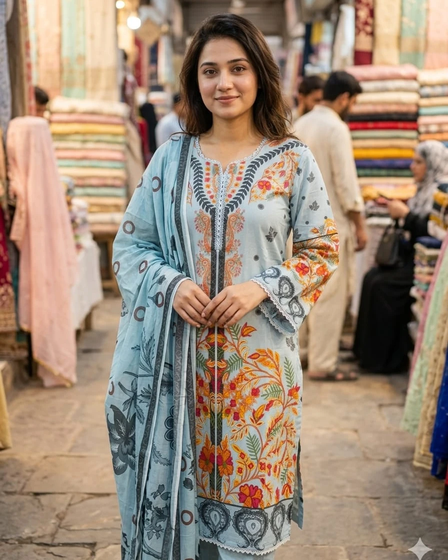 Meera Pastel Blue Printed Cotton 3-Piece Suit