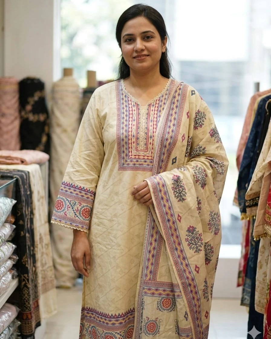 Alia Cream Geometric Cotton 3-Piece Suit