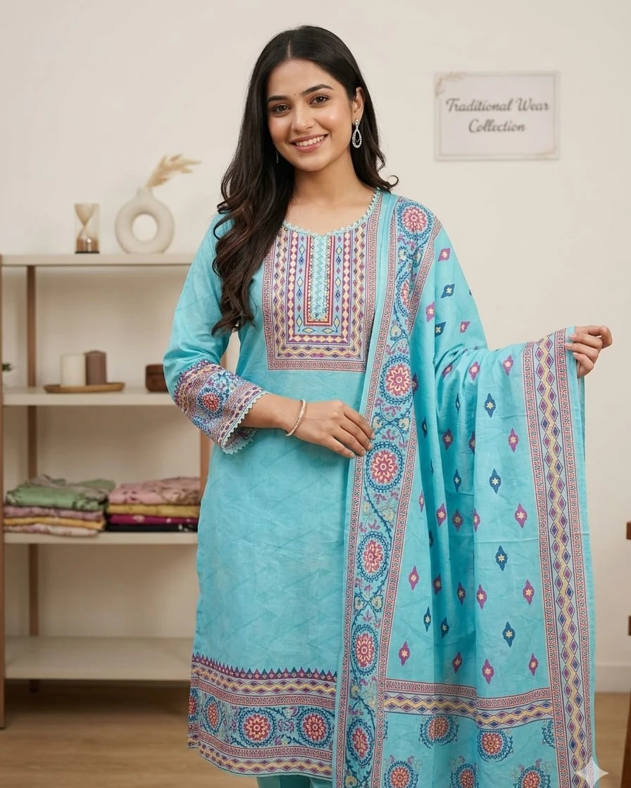 Keya Turquoise Geometric Cotton 3-Piece Suit