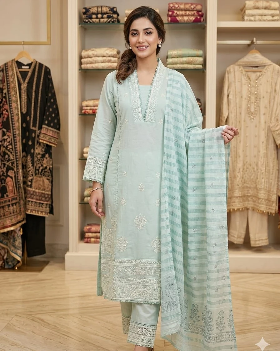 Rhea Mint Green Embroidered Cotton 3-Piece Suit