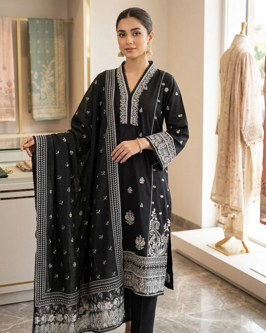 Shanaya Royal Black Embroidered Cotton 3-Piece Suit