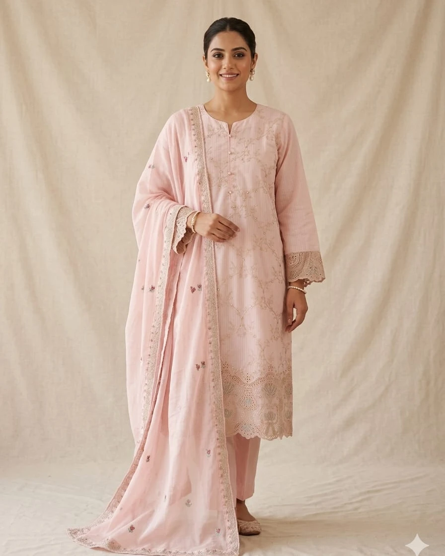 Siya Pastel Pink Embroidered Cotton 3-Piece Suit