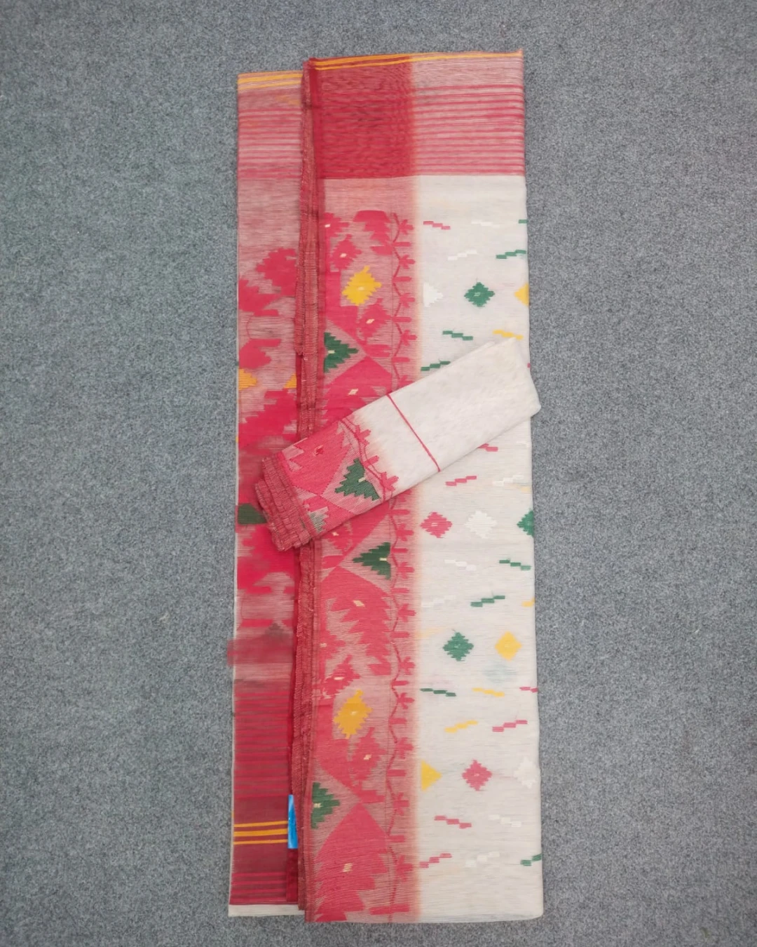 Classic Off-White and Red Handloom Ransom Silk Jamdani Saree