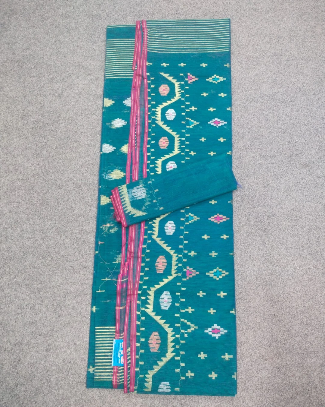 Teal Green Geometric Handloom Ransom Silk Jamdani Saree