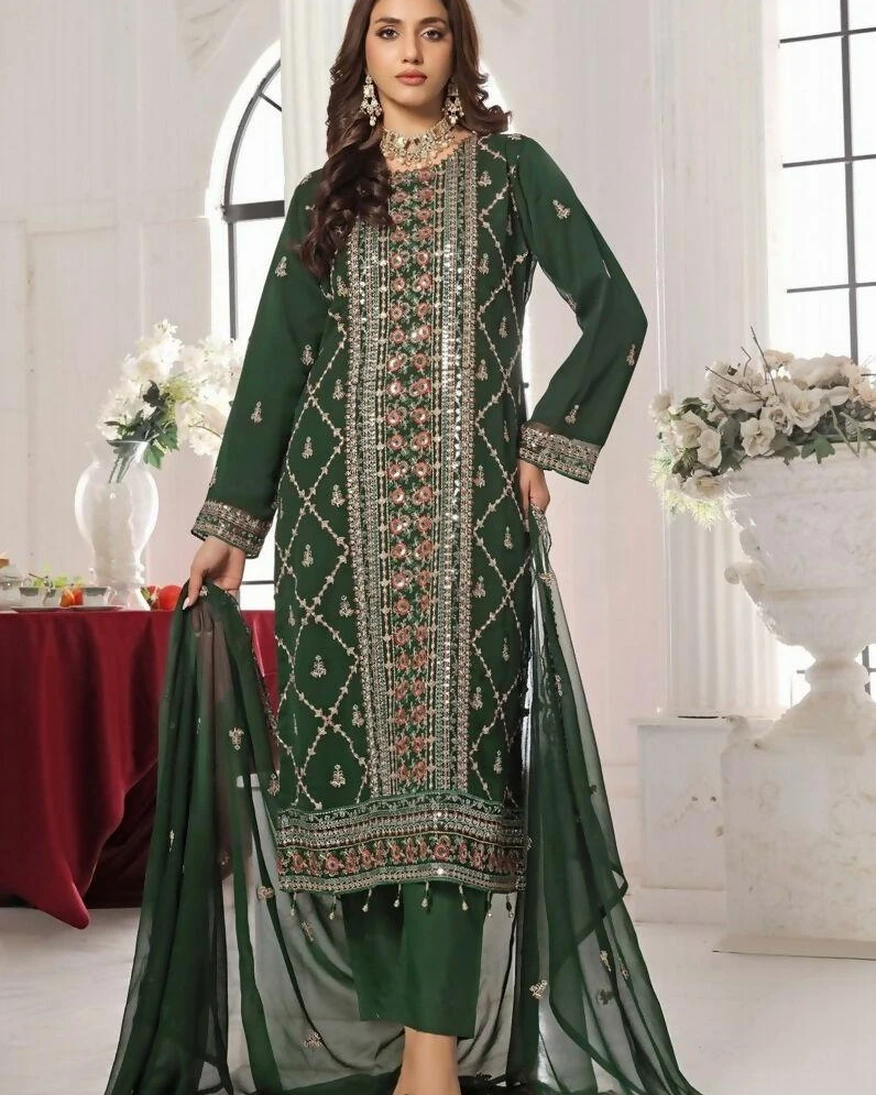Pakistani Bin Hameed Horain Luxury Embroidered Unstitched Chiffon Three Piece - Myrtle