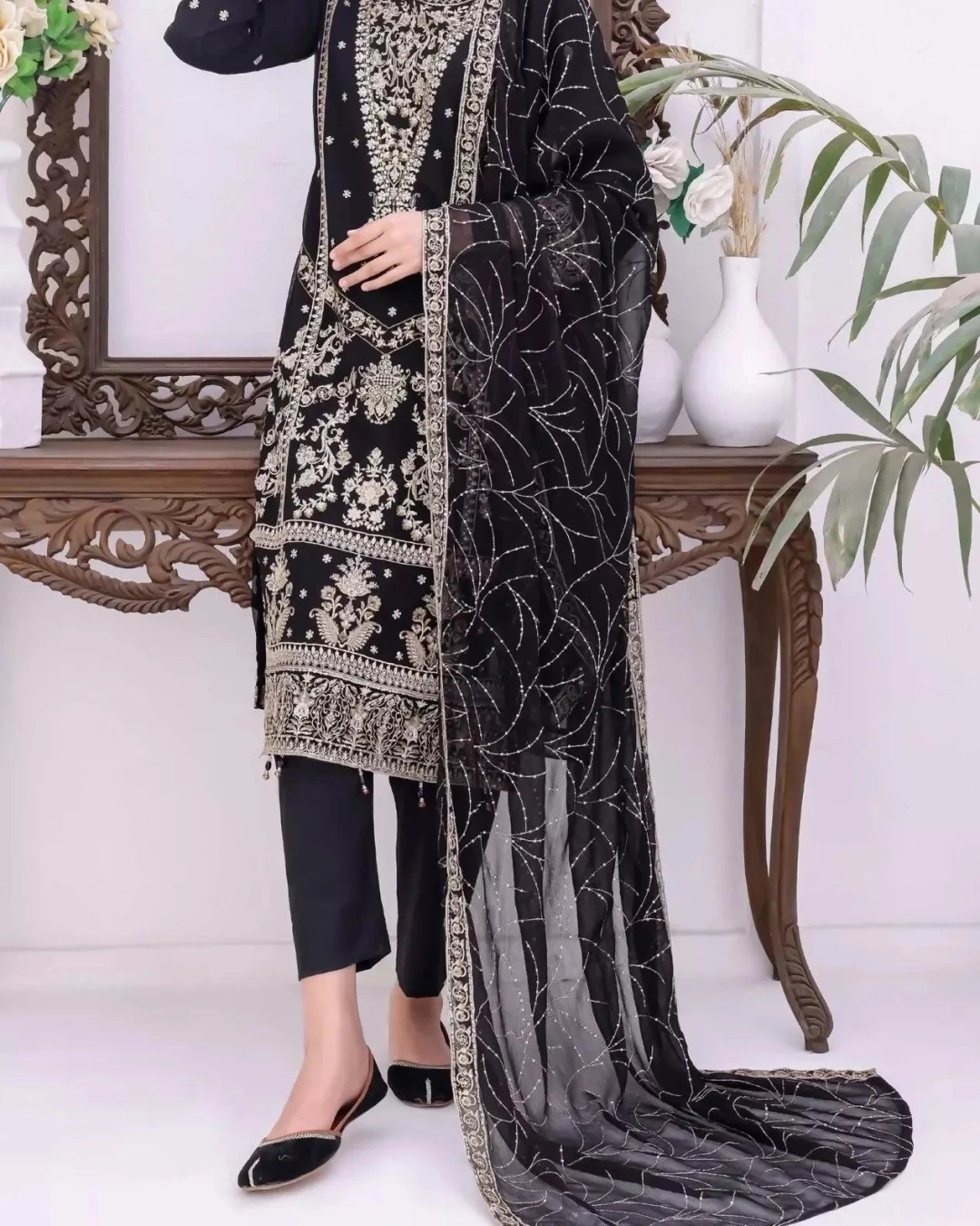 Pakistani Bin Hameed Embroidered Unstitched Chiffon Three Piece - Black