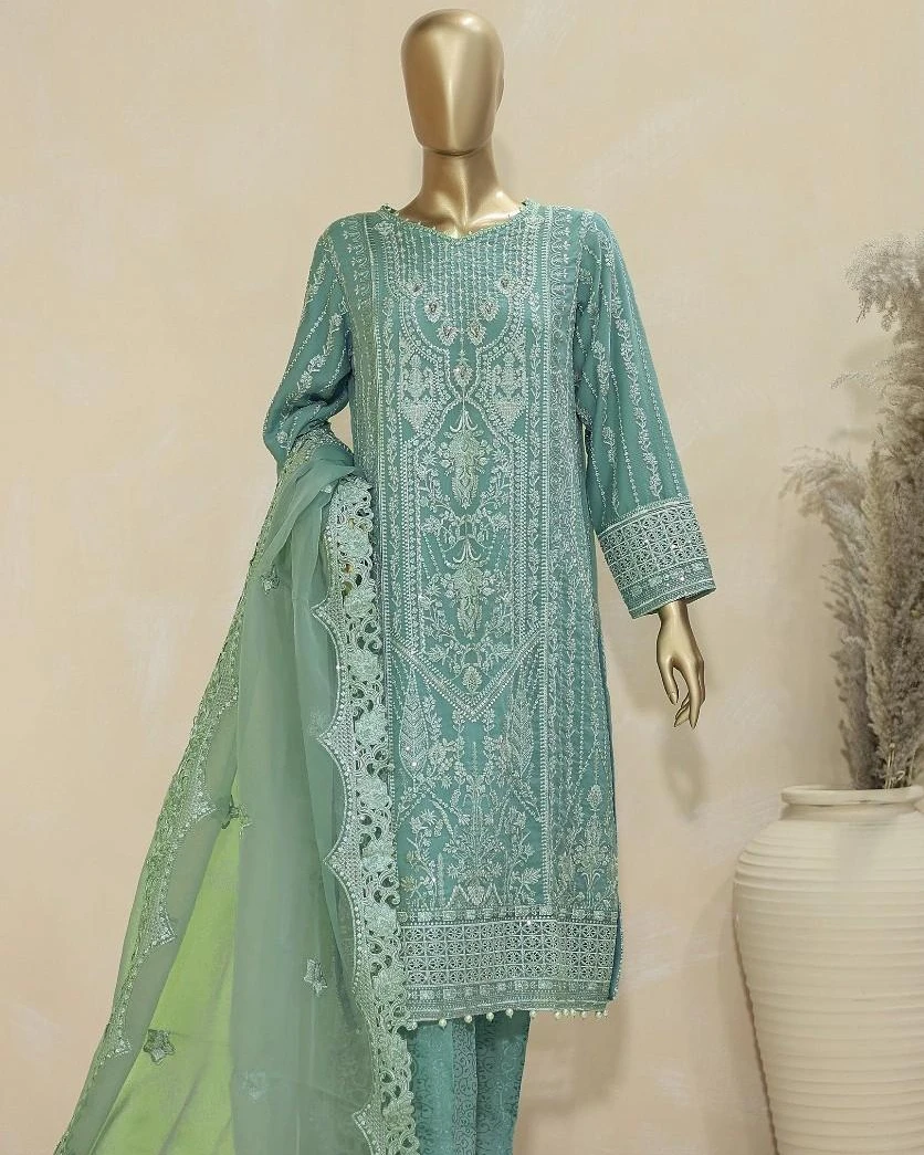 Pakistani Lavish Karchupi Worked Unstitched Organza Three Piece - Como