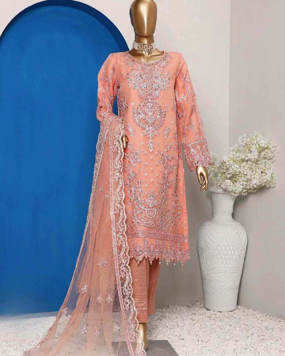 Pakistani Lavish Karchupi Worked Unstitched Organza Three Piece - Tacao