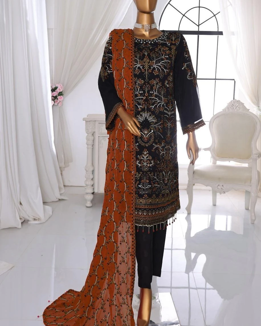 Pakistani Ankahi Karchupi Worked Unstitched Chiffon Three Piece - Onyx