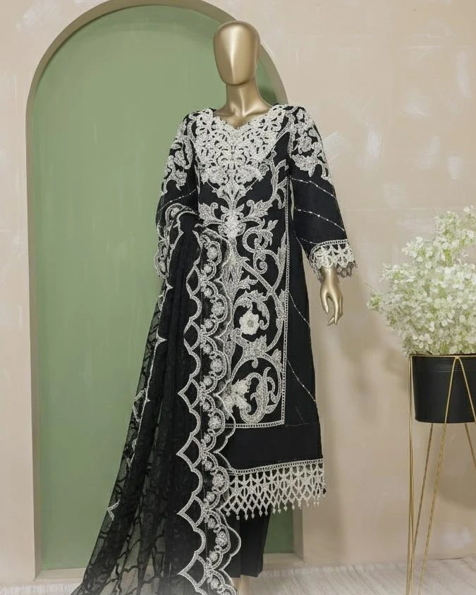 Pakistani Lavish Karchupi Worked Unstitched Organza Three Piece - Thunder