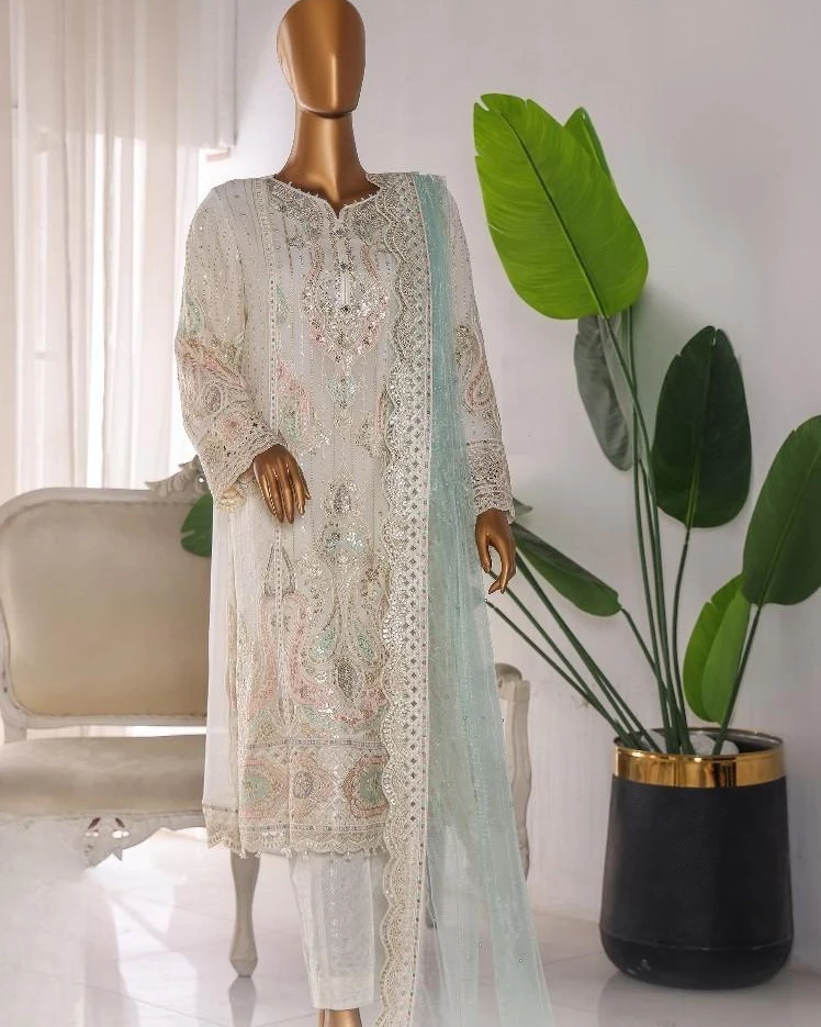 Pakistani Lavish Heavy Worked Unstitched Chiffon Three Piece - Pink Swan