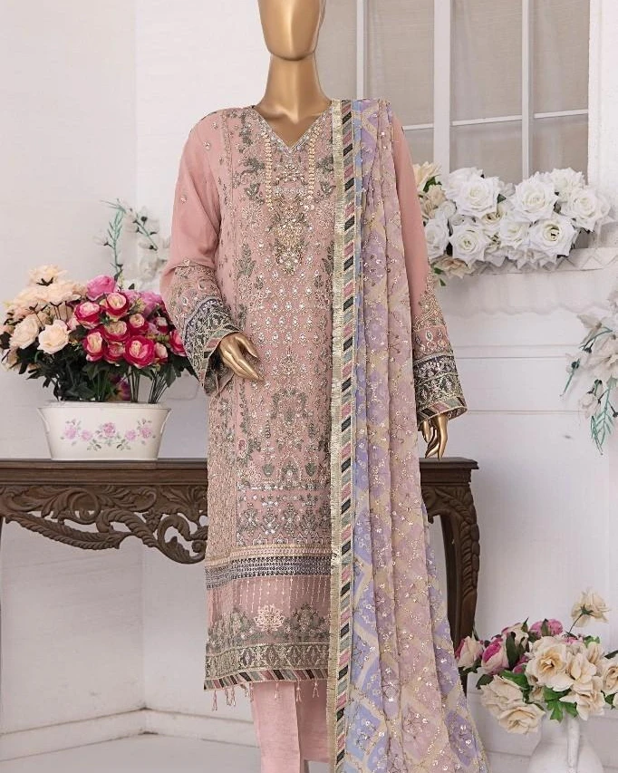 Pakistani Lavish Heavy Embroidered Unstitched Chiffon Three Piece - Petite Orchid