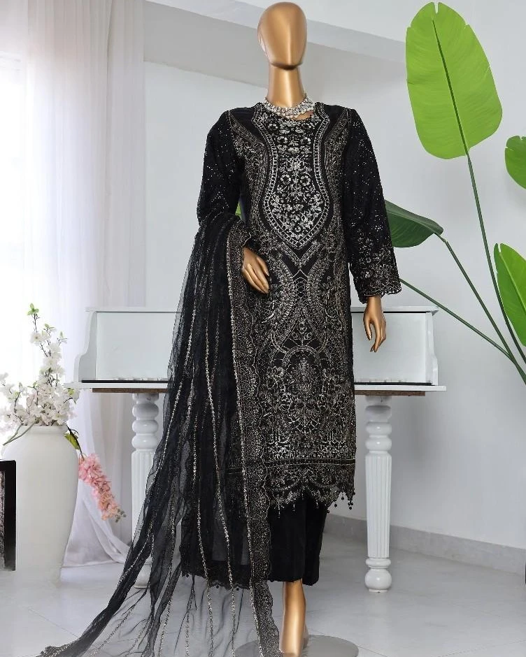 Pakistani Lavish Heavy Embroidered Unstitched Chiffon Three Piece - Onyx