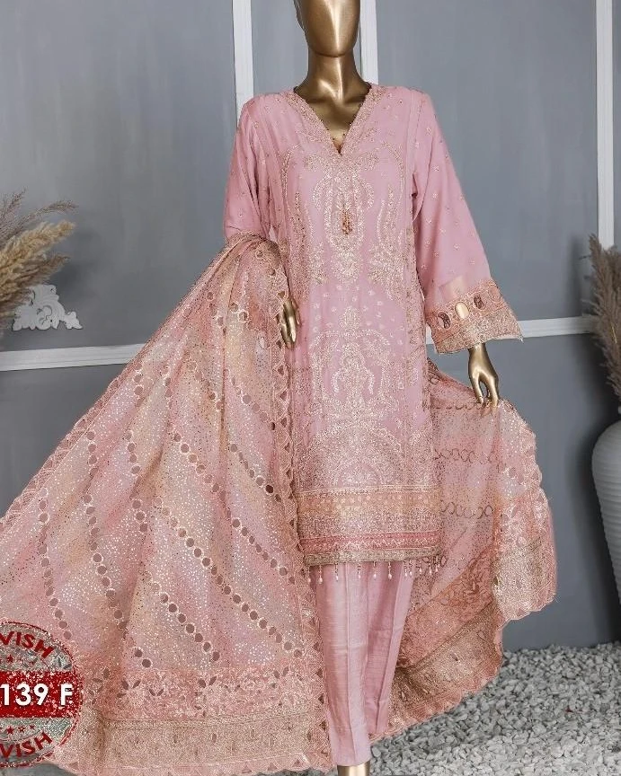 Pakistani Lavish Heavy Embroidered Unstitched Chiffon Three Piece - Lily
