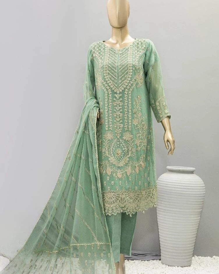 Pakistani Lavish Heavy Embroidered Unstitched Organza Three Piece - Bay Leaf