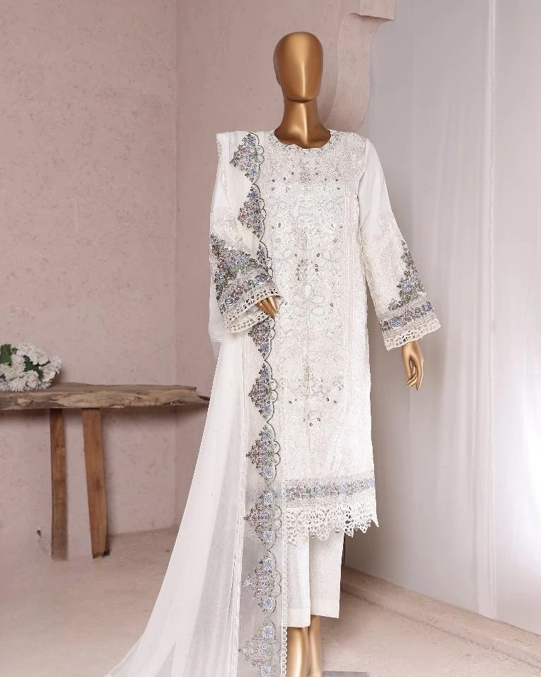 Pakistani Lavish Heavy Embroidered Unstitched Chiffon Three Piece - Platinum