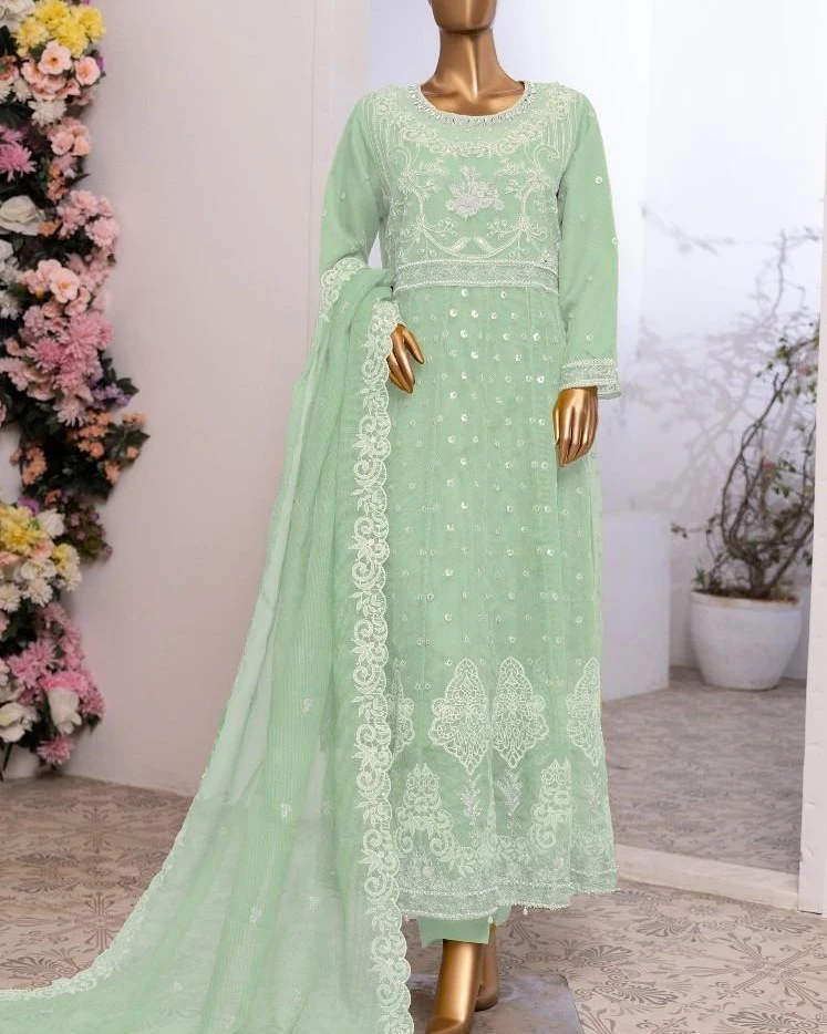 Pakistani Lavish Heavy Embroidered Unstitched Organza Three Piece - Green