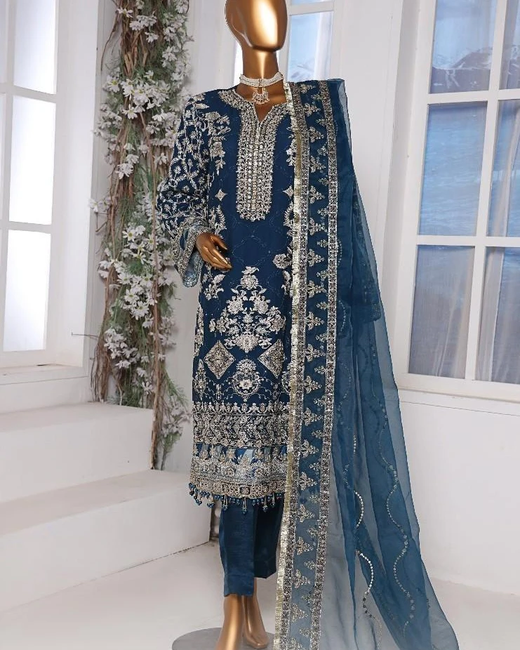Pakistani Lavish Heavy Embroidered Unstitched Chiffon Three Piece - Blue Zodiac