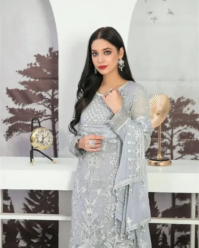 Pakistani Tawakkal Neeshama Unstitched Luxury Chiffon Three Piece - Silver Sand