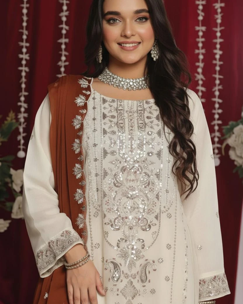 Pakistani Bin Hameed Embroidered Unstitched Chiffon Three Piece - Vanilla