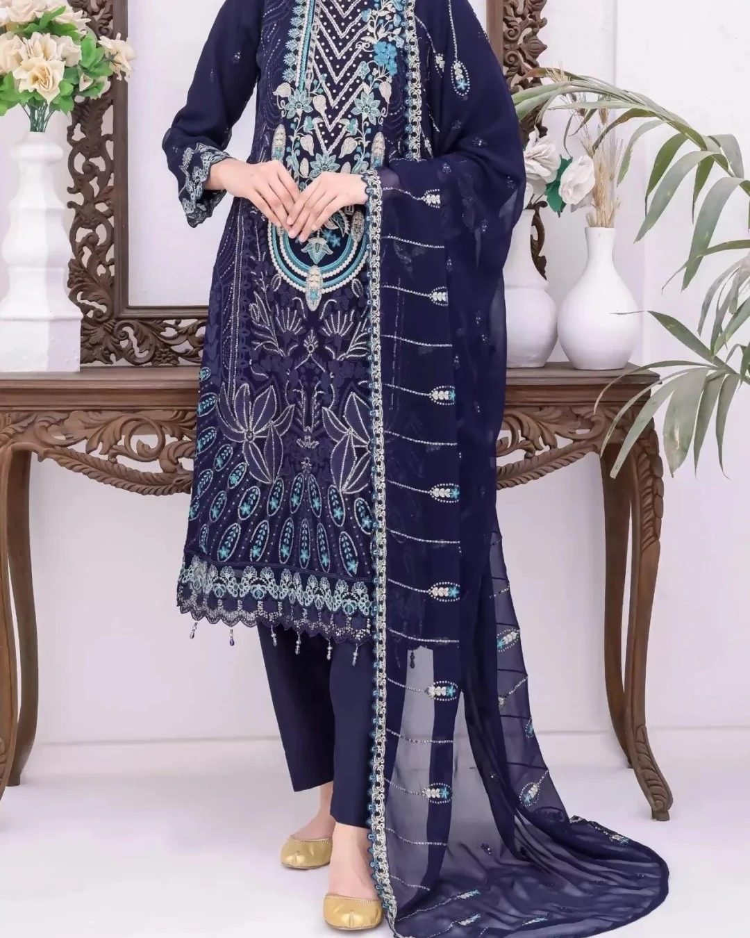 Pakistani Bin Hameed Horain Embroidered Unstitched Chiffon Three Piece - Blue Zodiac