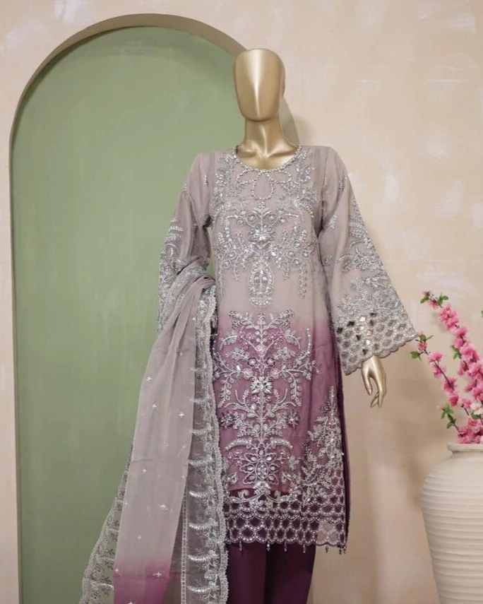 Pakistani Lavish Heavy Embroidered Unstitched Organza Three Piece - Eclipse