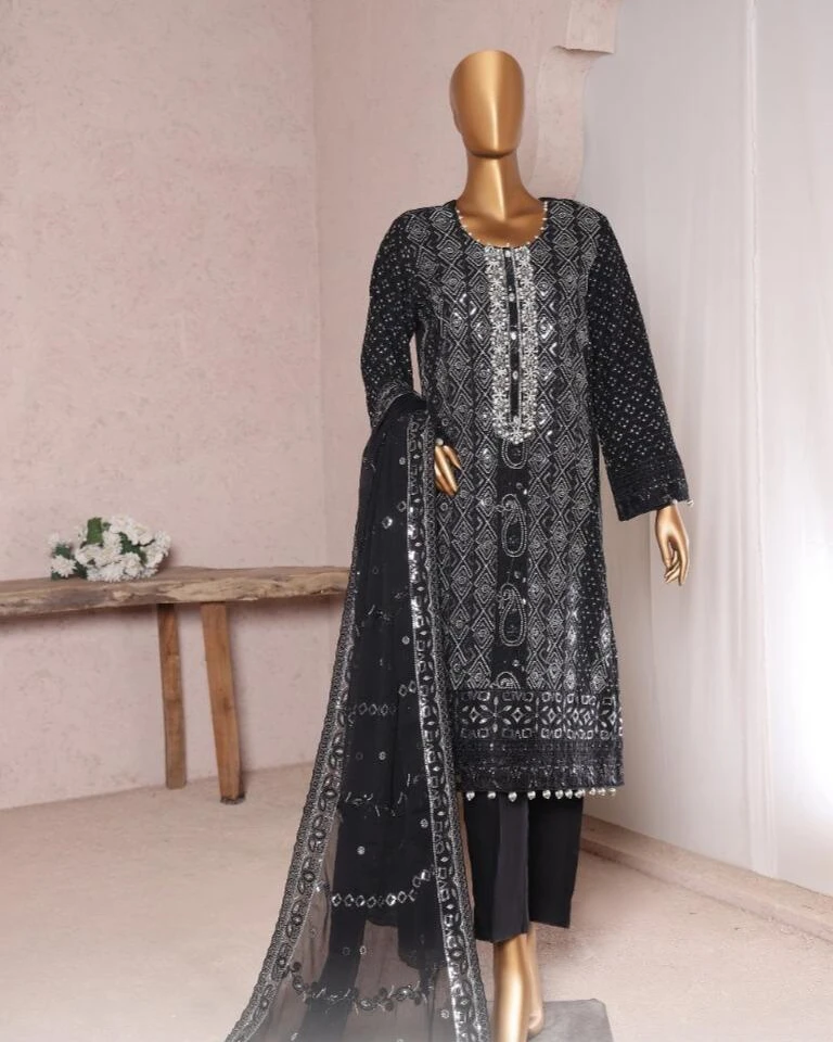 Pakistani Lavish Heavy Embroidered Unstitched Organza Three Piece - Black
