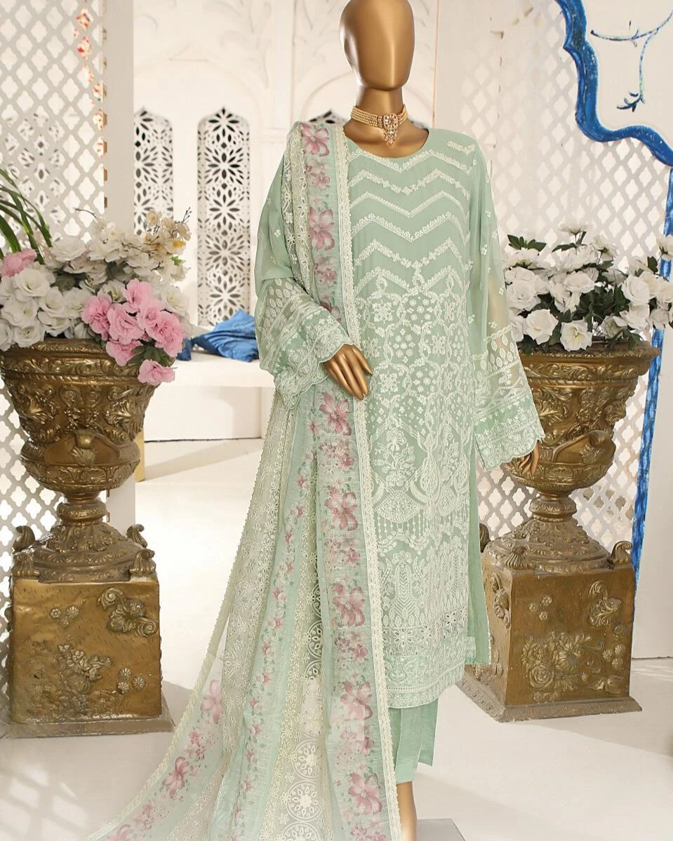 Pakistani Lavish Heavy Embroidered Unstitched Organza Three Piece - Lichen