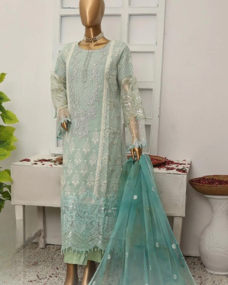 Pakistani Lavish Heavy Embroidered Unstitched Organza Three Piece - Summer Green