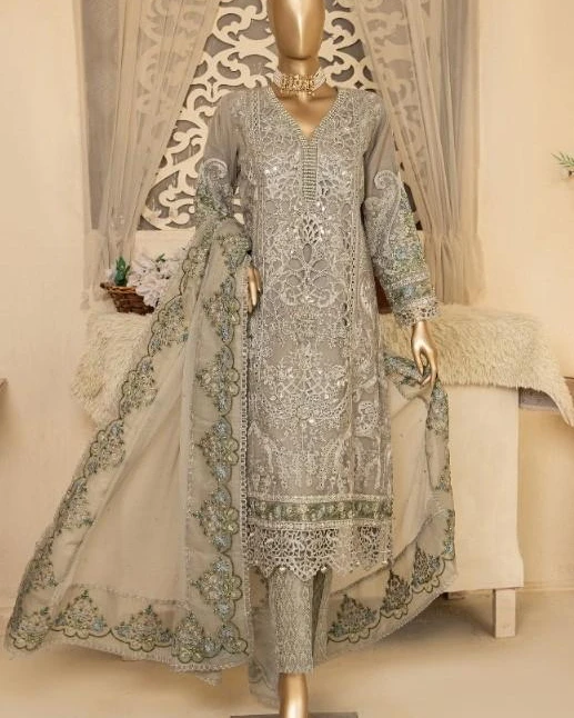 Pakistani Hadaya Heavy Embroidered Unstitched Organza Three Piece - Beaver