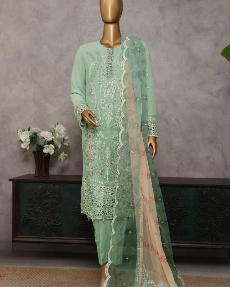 Pakistani Lavish Heavy Embroidered Unstitched Chiffon Three Piece - Hazel Green