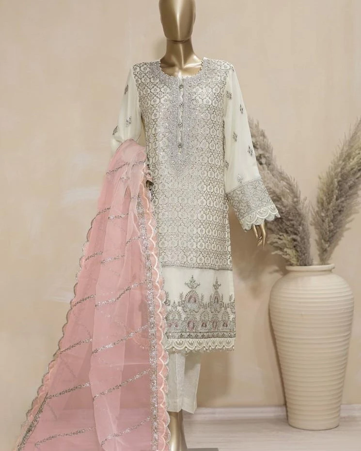 Pakistani Lavish Heavy Embroidered Unstitched Chiffon Three Piece - Quill