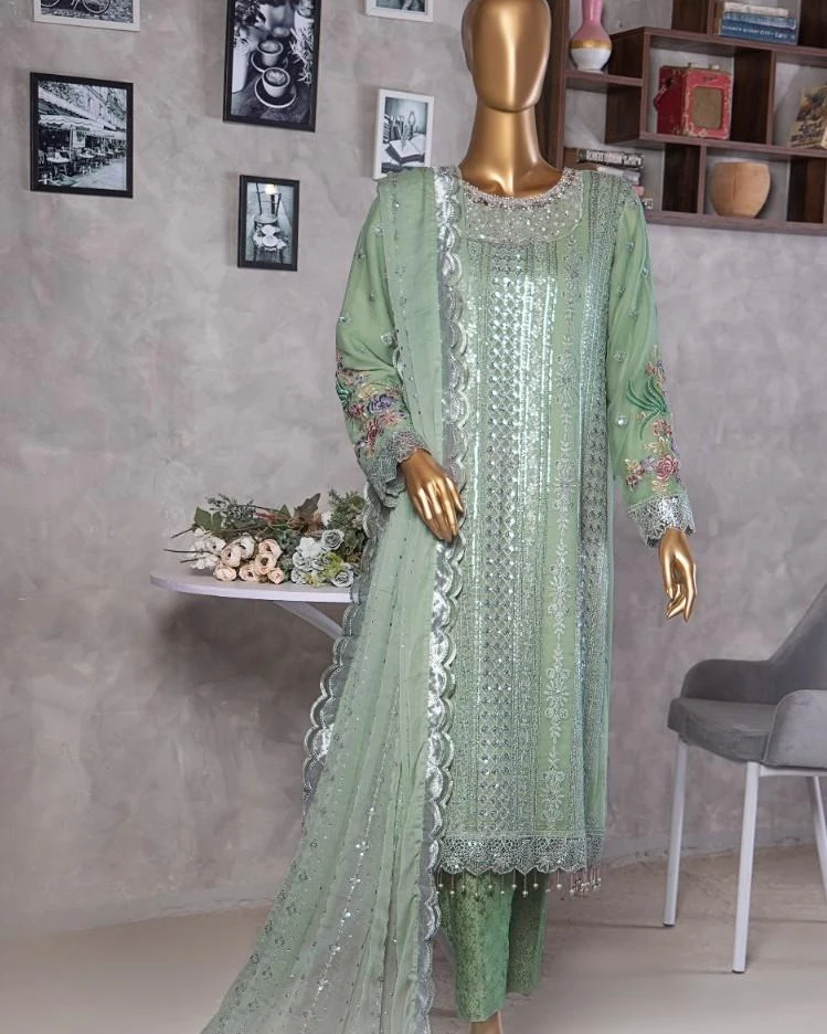 Pakistani Lavish Heavy Embroidered Unstitched Chiffon Three Piece - Lemon Grass