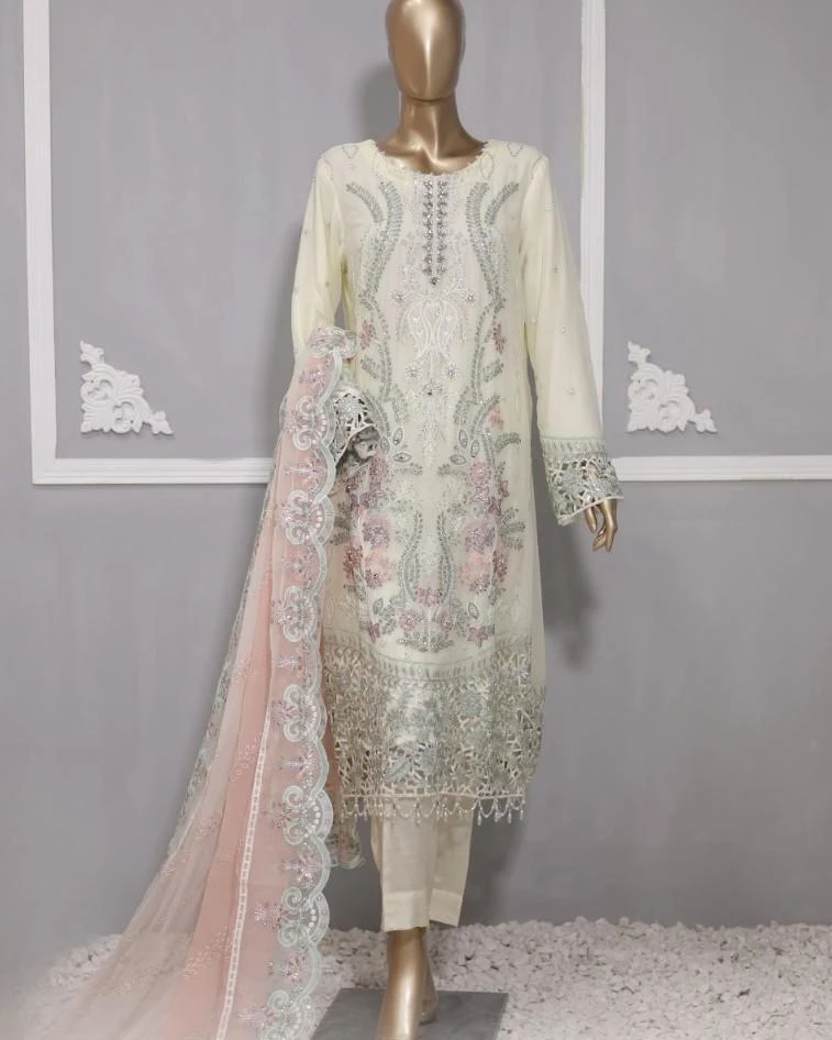 Pakistani Lavish Heavy Embroidered Unstitched Chiffon Three Piece - Pale Leaf