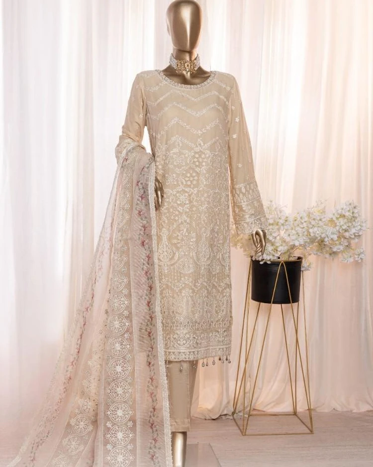 Pakistani Lavish Heavy Embroidered Unstitched Chiffon Three Piece - Cashmere