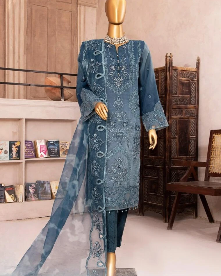 Pakistani Lavish Heavy Embroidered Unstitched Organza Three Piece - Nile Blue