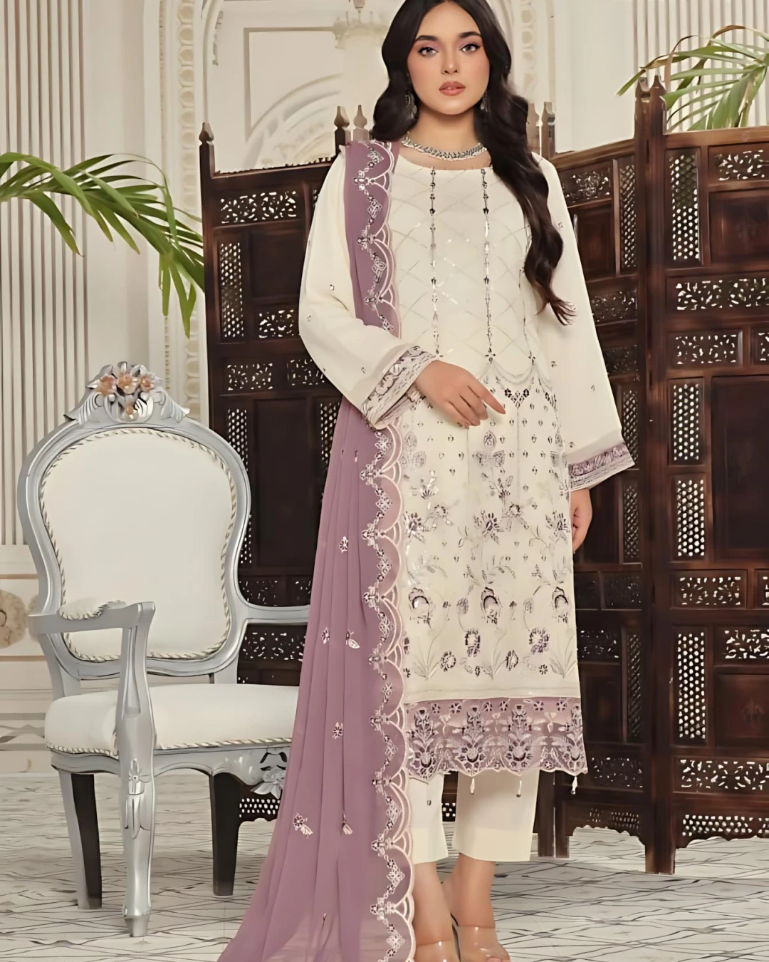 Pakistani Bin Hameed Middhat Embroidered Unstitched Chiffon Three Piece - Spanish White