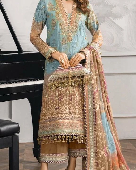 Pakistani Maaria Unstitched Luxury Chiffon Three Piece - Blue X Cocoa