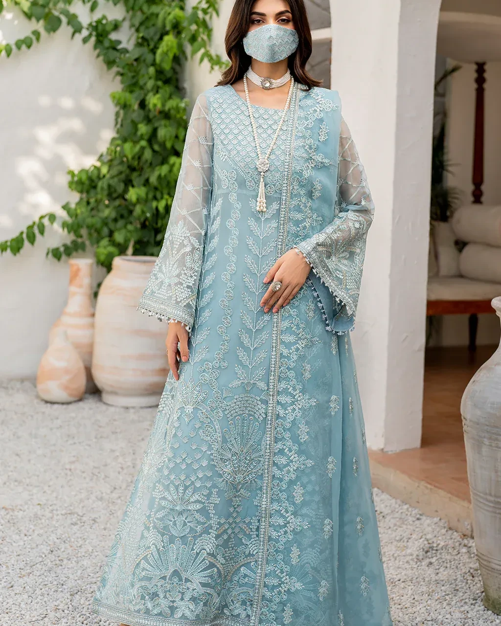 Pakistani Shareef Khanani Unstitched Luxury Chiffon Three Piece - Glacier