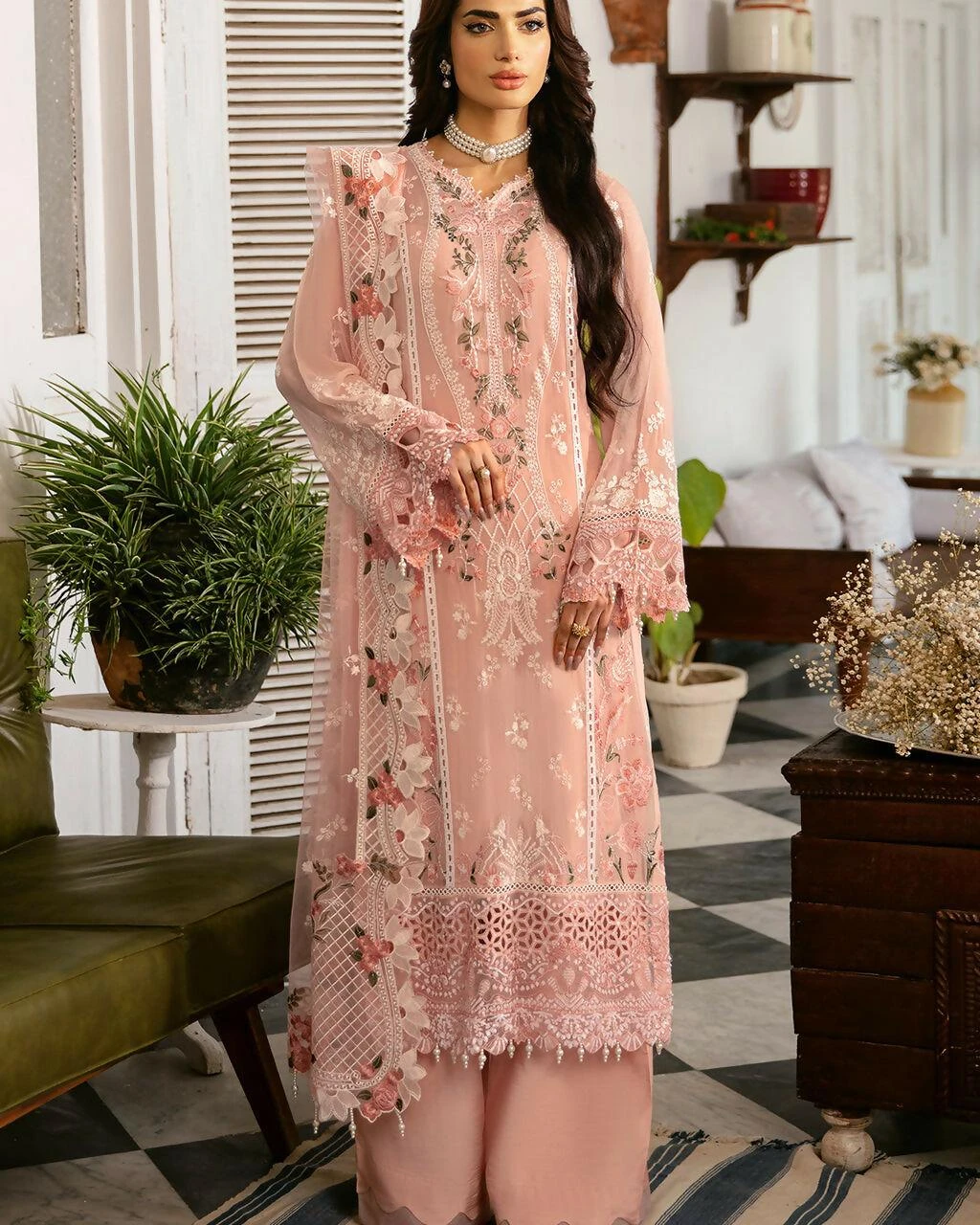 Pakistani Dastak by Ramsha Embroidered Chiffon Unstitched Three Piece - Tacao