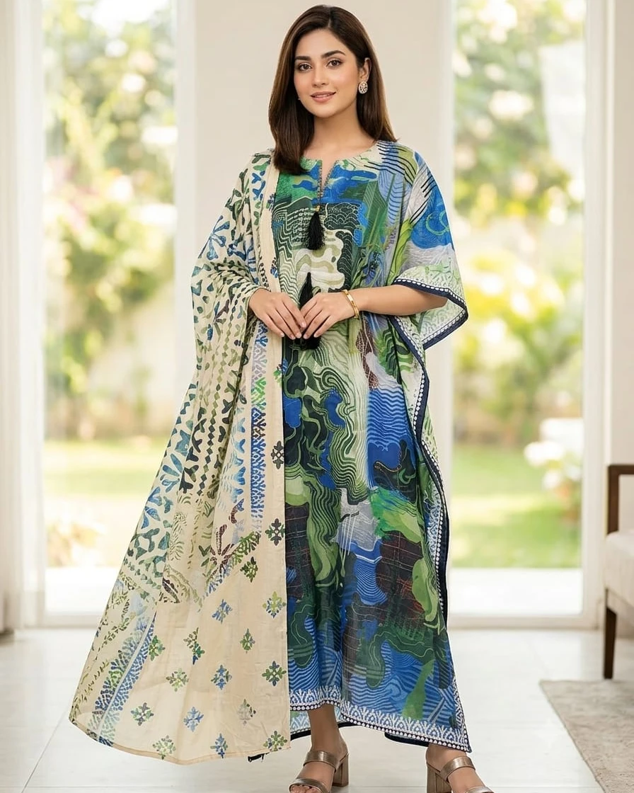 Ranya Emerald Lagoon Cotton Kaftan Set