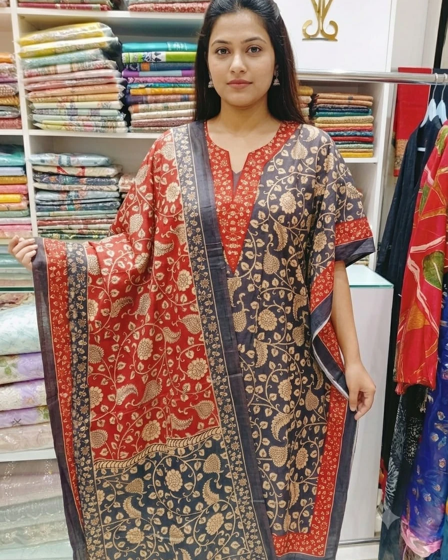 Mehnaz Charcoal & Crimson Cotton Kaftan Set