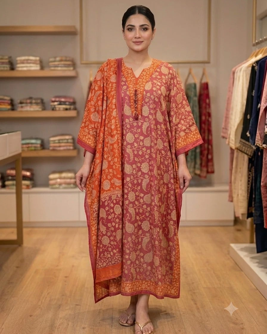 Afia Terracotta & Rust Paisley Cotton Kaftan Set