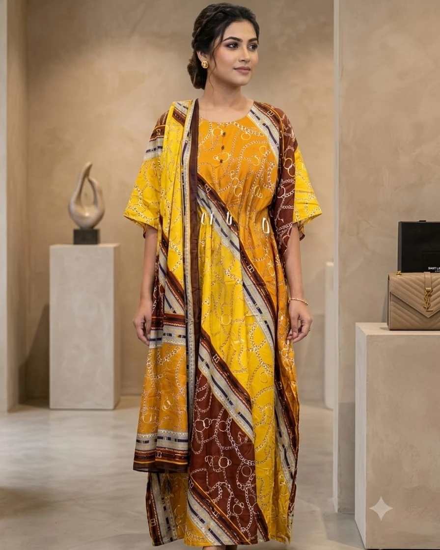 Tanha Mustard & Chocolate Geometric Cotton Kaftan Set