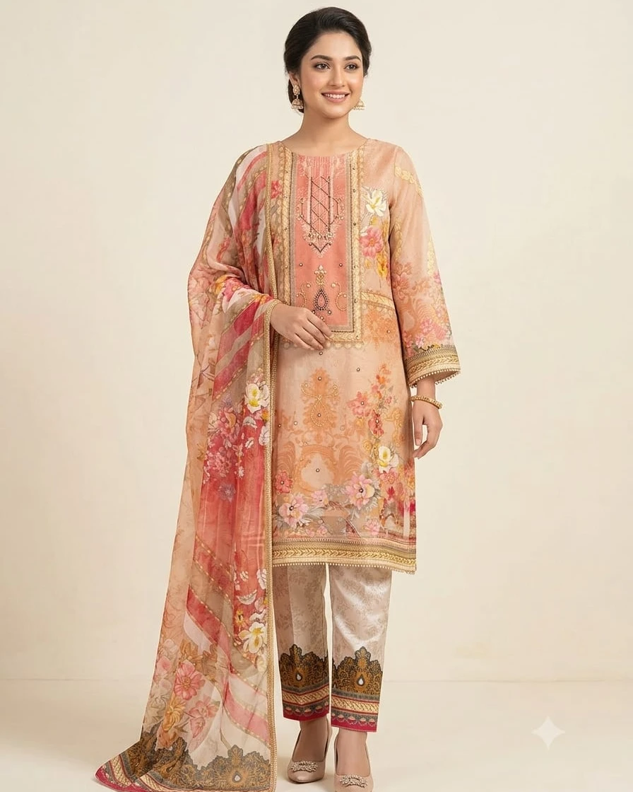 Samaira Blush Pink Karchupi Organza 3-Piece Dress