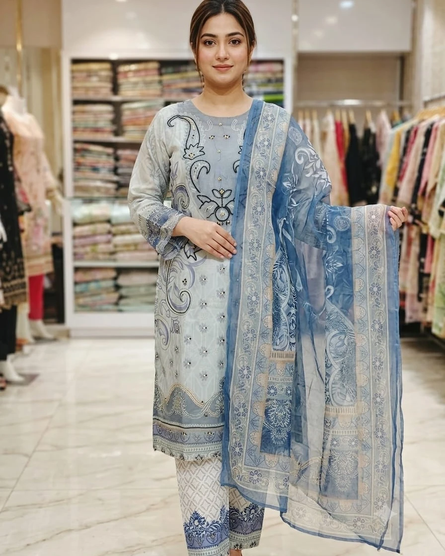 Zoya Ice Blue Paisley Karchupi Organza 3-Piece Dress