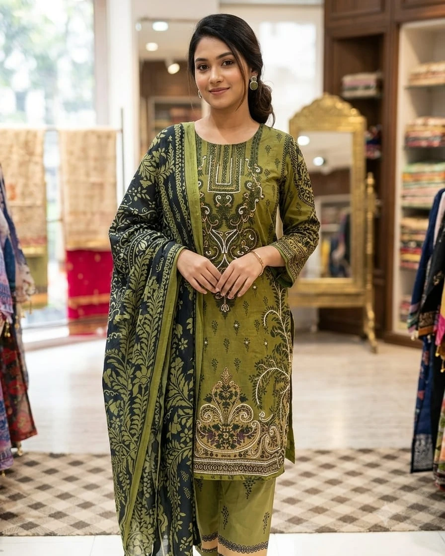 Mahira Olive & Onyx Karchupi Organza 3-Piece Dress